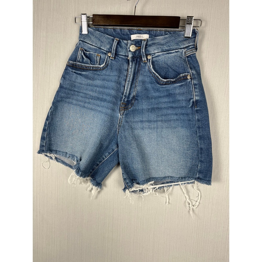 Forever 21 Curvy 90s Denim Shorts Women 24 Blue High Rise Raw Hem Summer‎